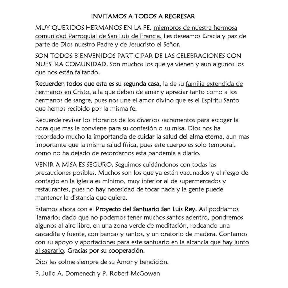 INVITAMOS A TODOS A REGRESAR St. Louis of France Catholic Church La